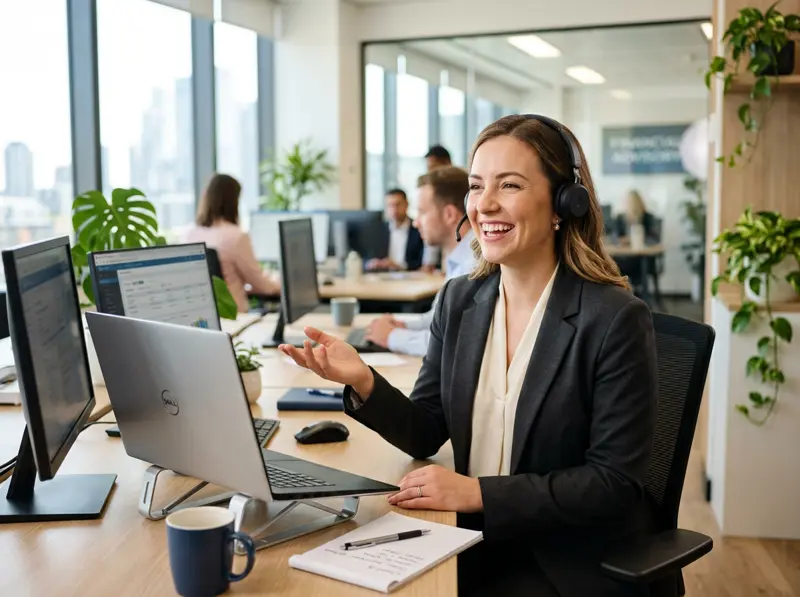 Debt specialist smiling while on a call with a client